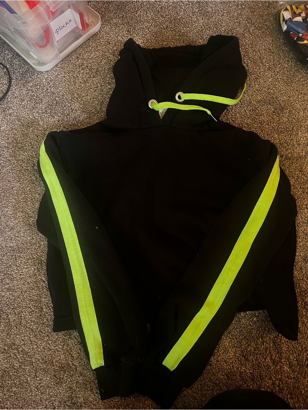 Black Hoodie with Neon Green Stripe Detail